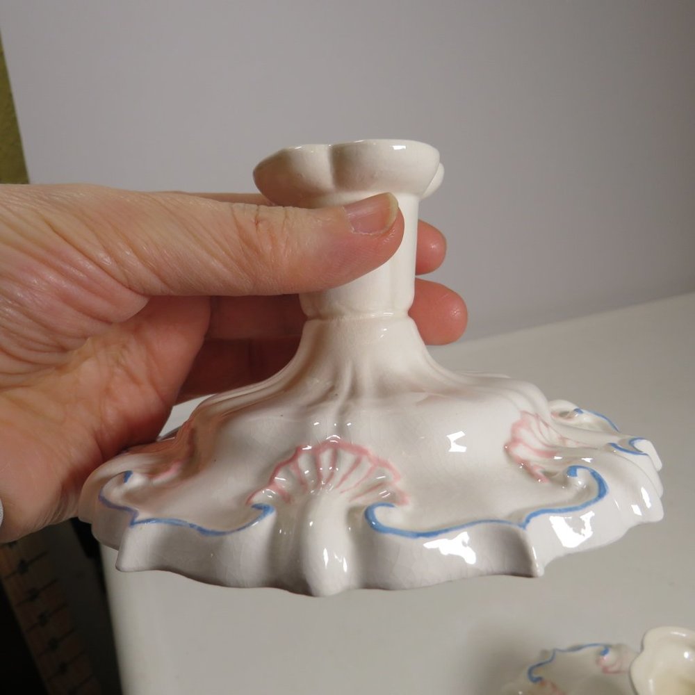 Ceramic CANDLE HOLDERS (set of 2) Pink & Light Blue on white handcrafted 1984 - Picture 3 of 13